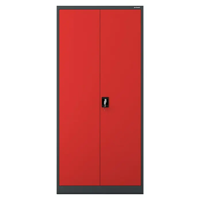 Jan Nowak Aktenschrank Jan - B x T x H: 90 x 40 x 195 cm, Anthrazit/Rot - Roter Metallschrank mit zwei Türen und einem Schloss in der Mitte, ideal für die Aufbewahrung von Werkzeugen und anderen Gegenständen.