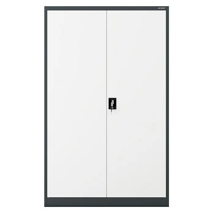 Jan Nowak Aktenschrank Jan II - B x T x H: 115 x 40 x 185 cm, Anthrazit/Weiß - Ein grauer und weißer Flügeltürenschrank von Jon Nowak, der durch ein schwarzes Schloss mit Schlüssel gesichert ist.