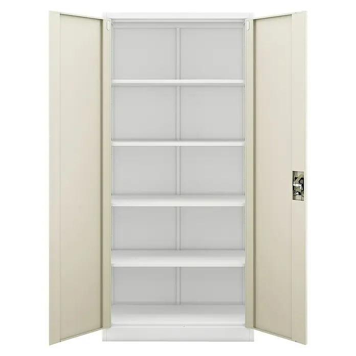 Jan Nowak Aktenschrank Jan - B x T x H: 90 x 40 x 195 cm, Weiß/Sonoma Eiche - Das Bild zeigt einen Metallschrank mit offenen Türen und mehreren Einlegeböden. Der Schrank ist beige und hat einen Drehverschluss.