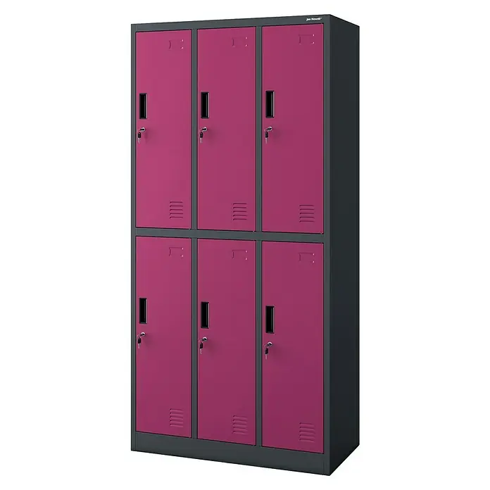 Jan Nowak Schließfachschrank Igor - H x B x T: 185 x 90 x 45 cm, Anzahl Fächer: 6 Stk., Anthrazit/Fuschie - Das Bild zeigt einen modernen, sechsfach rosa Metall-Spindschrank mit Schlüsseln, ideal für Büros oder Umkleideräume.