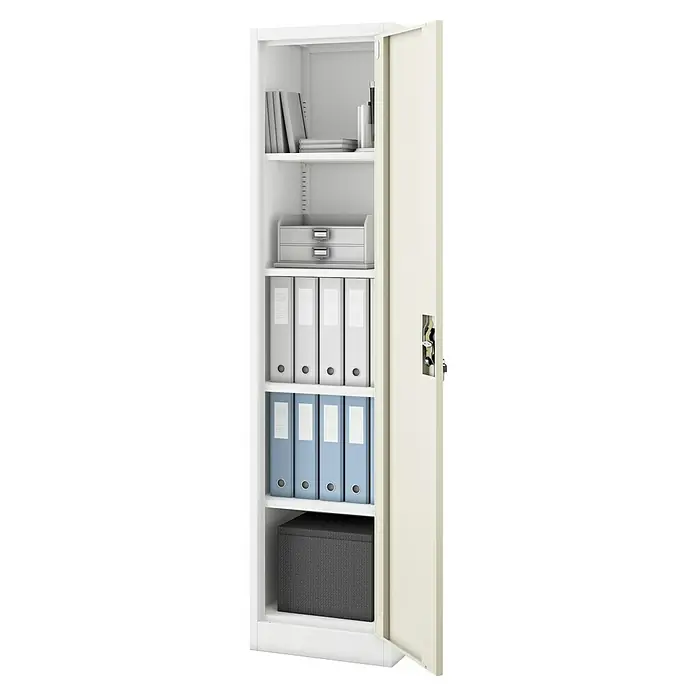 Jan Nowak Aktenschrank Alex - B x T x H: 45 x 40 x 185 cm, Weiß/ Sonoma Eiche - Offener Aktenschrank aus Metall mit diversen Büroartikeln wie Ordnern, Büchern und Ablagefächern.