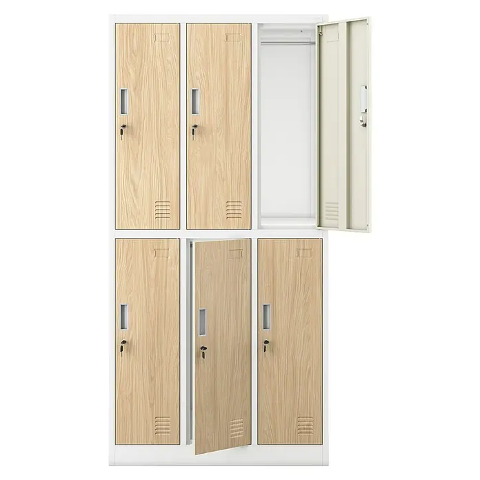 Jan Nowak Schließfachschrank Igor - H x B x T: 185 x 90 x 45 cm, Anzahl Fächer: 6 Stk., Weiß/Sonoma eiche - Schränke mit Holztüren in einem modernen Design, einige Türen sind offen und geben Einblick in das Innere.