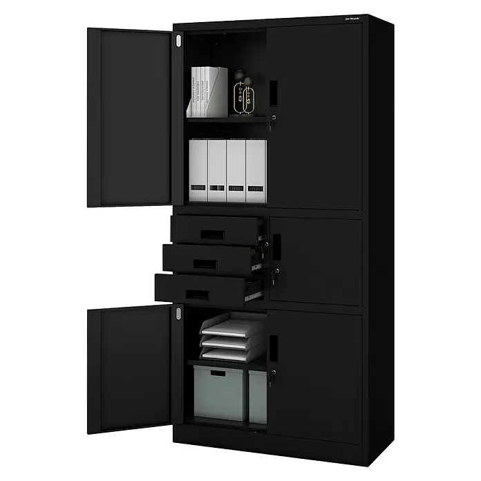 Jan Nowak Aktenschrank Filip II - B x T x H: 90 x 40 x 185 cm, Schwarz - Schwarzer Metallschrank mit geöffneten Türen und Schubladen, der Stauraum und Organisation bietet.
