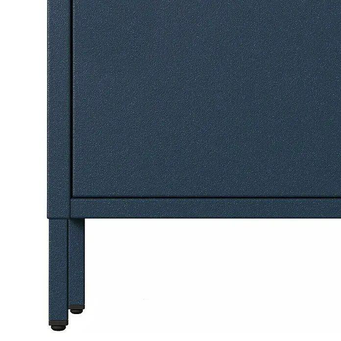 Jan Nowak Kommode Carla - L x B x H: 40 x 80 x 101,5 cm, Dunkelblau, Anzahl Schubladen: 4 Stk. - Nahaufnahme eines blauen Metallschranks mit pulverbeschichteter Oberfläche, der Stabilität und modernes Design vereint.