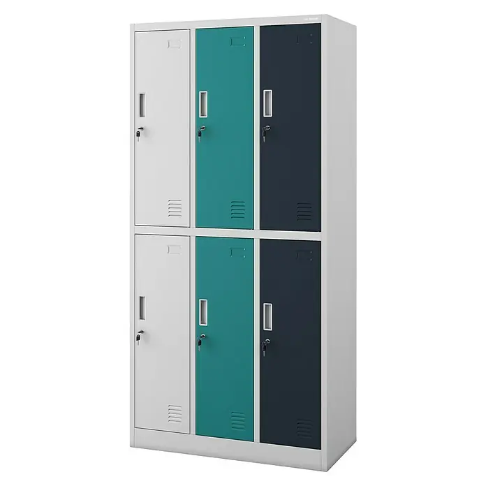 Jan Nowak Schließfachschrank Igor - H x B x T: 185 x 90 x 45 cm, Anzahl Fächer: 6 Stk., Grau/Vielfarbig - Ein farbenfroher Metallspindschrank mit sechs Fächern in Weiß, Türkis und Dunkelblau, ideal für Umkleideräume oder Büros.