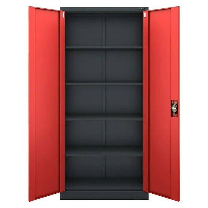 Jan Nowak Aktenschrank Jan - B x T x H: 90 x 40 x 195 cm, Anthrazit/Rot - Das rote Metallschrank-Produkt mit seinen offenen Türen und grauen Einlegeböden bietet eine robuste und praktische Aufbewahrungslösung.