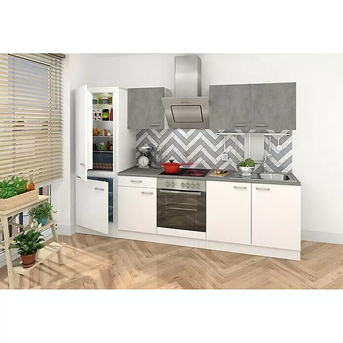 Respekta Composición de cocina Malia alto - Ancho: 270 cm, Blanco, Gris, Con electrodomésticos - Una cocina modular moderna con muebles bajos blancos, muebles altos grises, encimera gris, horno, placa, fregadero y nevera integrados.