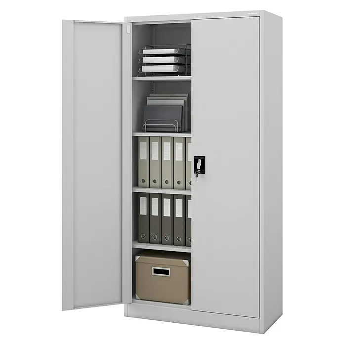Jan Nowak Aktenschrank Jan - B x T x H: 90 x 40 x 185 cm, Grau - Büroschrank mit offenem Fach, gefüllt mit Ordnern, Ablagefächern und einer Aufbewahrungsbox. Das Design ist modern und funktional.