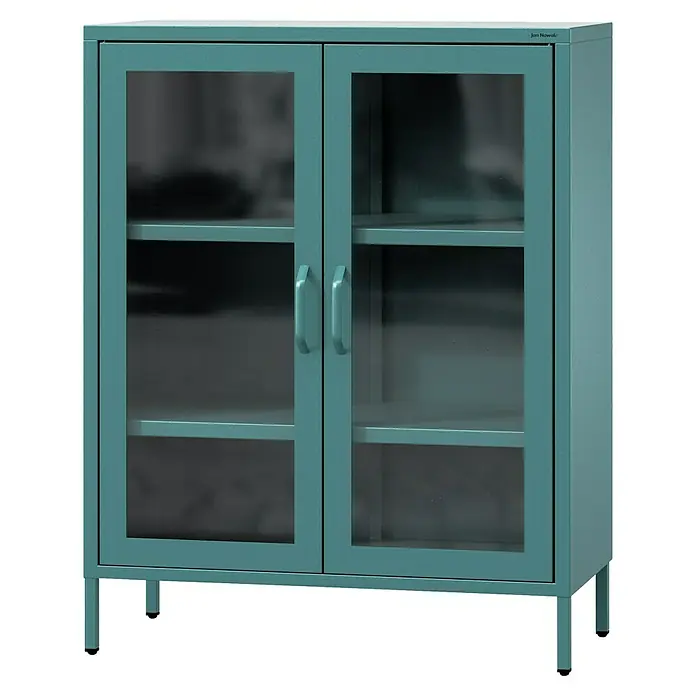 Jan Nowak Vitrine Gina - B x T x H: 80 x 40 x 101,5 cm, Meeresgrün - Attraktiver, blauer Aktenschrank mit zwei Glastüren und mehreren Regalböden für Büro oder Arbeitszimmer.