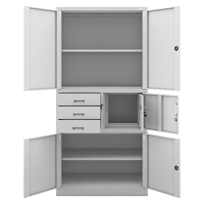Jan Nowak Aktenschrank Filip II - B x T x H: 90 x 40 x 185 cm, Grau - Produktansicht eines geöffneten, weißen Metallschranks mit Regalen, Schubladen und einem Safe. Ideal für Büro oder Werkstatt zur Aufbewahrung.