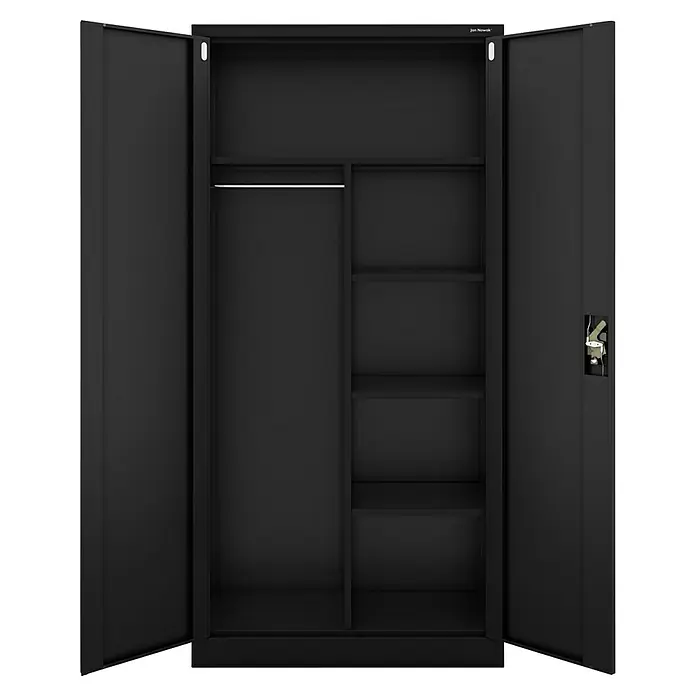 Jan Nowak Metall-Mehrzweckschrank Dawid - H x B x T: 185 x 90 x 45 cm, Schwarz - Schwarzer Metallschrank mit offenen Türen, mit Regalen und Kleiderstange. Ideal für Büro oder Werkstatt.