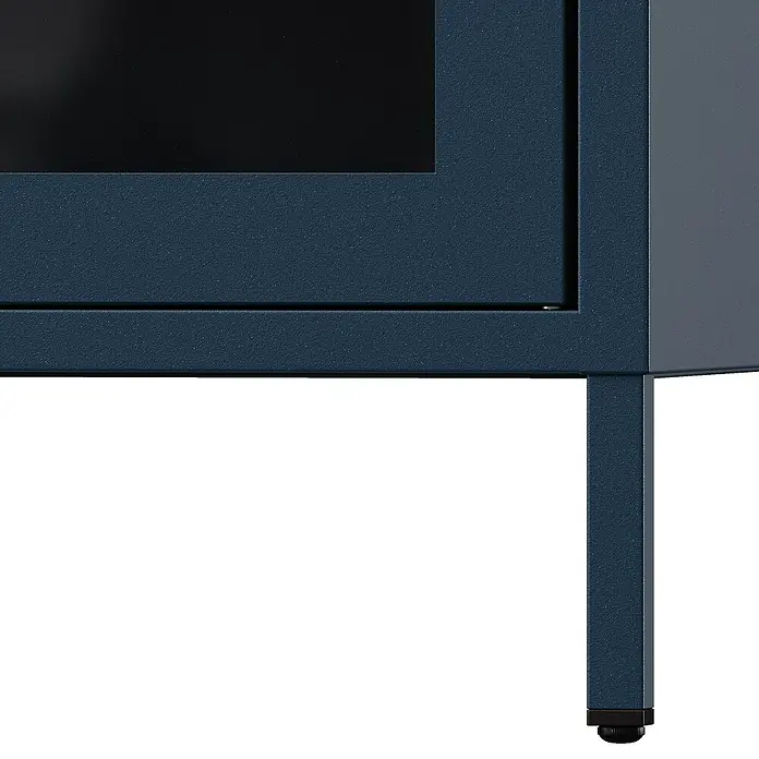 Jan Nowak Vitrine Gina - B x T x H: 80 x 40 x 101,5 cm, Dunkelblau - Nahaufnahme eines blauen Schranks mit Metallbeinen, der ein modernes Möbeldesign zeigt.