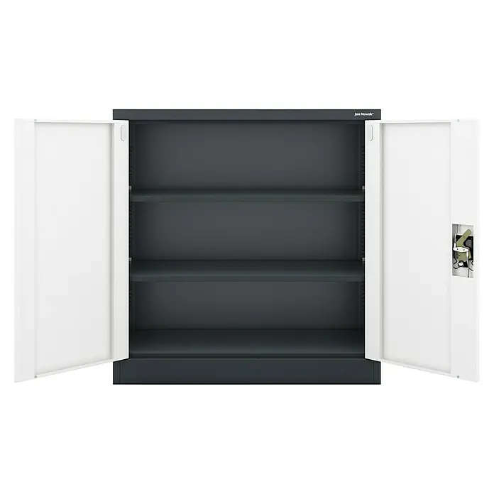 Jan Nowak Aktenschrank Beata - B x T x H: 90 x 40 x 92,5 cm, Anthrazit / Weiß - Stahlschrank mit zwei weißen Türen und verstellbaren Fachböden, ideal für Büro oder Werkstatt, bietet viel Stauraum für Akten und Werkzeuge.