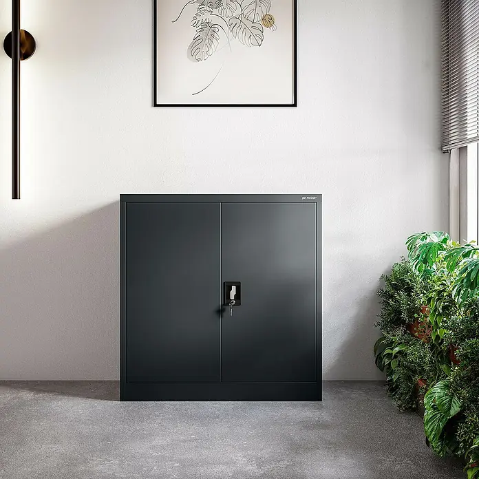 Jan Nowak Aktenschrank Beata - B x T x H: 90 x 40 x 92,5 cm, Anthrazit - Ein grauer Büroschrank von Jan Nowak mit zwei Türen, einem Schloss und einem Schlüssel steht in einem Raum mit Pflanzen und einem Bild.