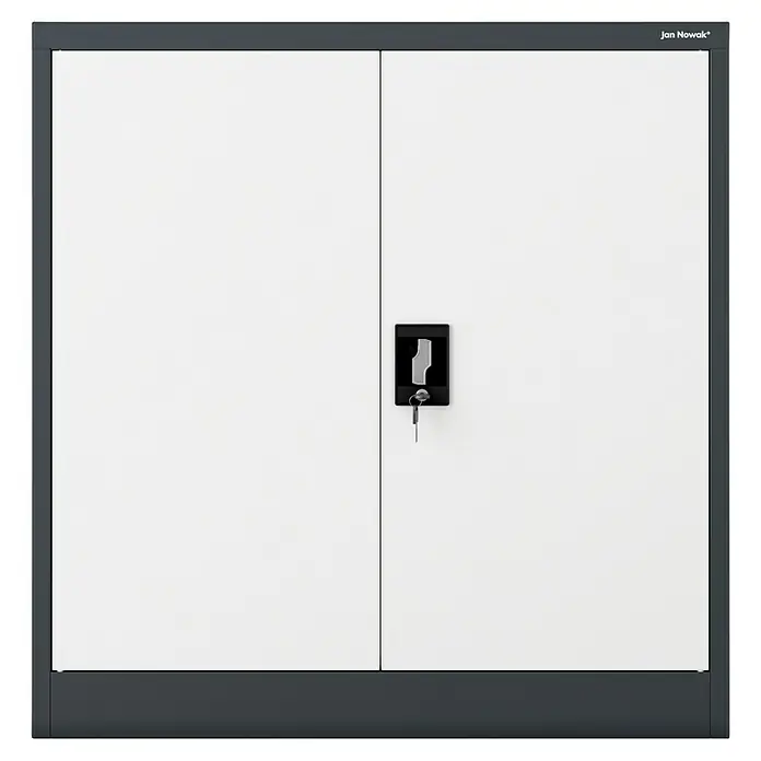 Jan Nowak Aktenschrank Beata - B x T x H: 90 x 40 x 92,5 cm, Anthrazit / Weiß - Abbildung eines Büroschranks in Grau und Weiß mit zwei Türen und einem Schloss mit Schlüssel.