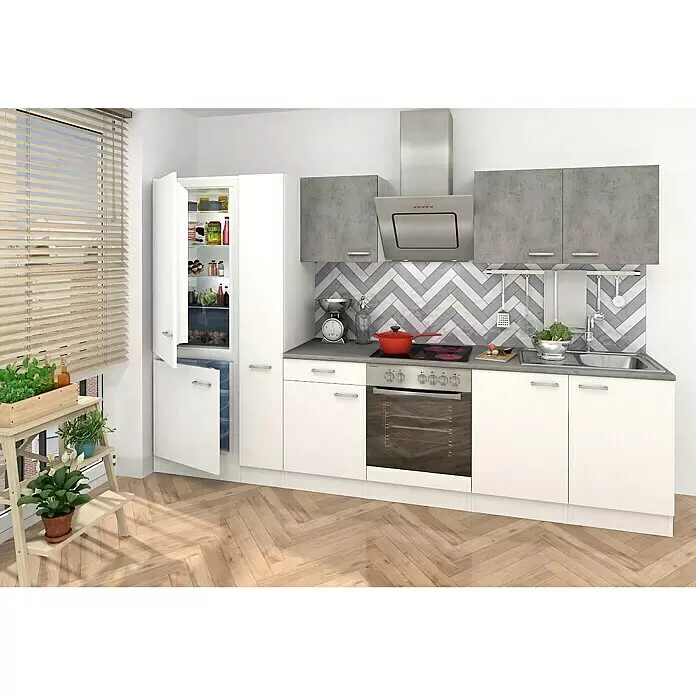 Respekta Composición de cocina Malia alto - Ancho: 300 cm, Blanco, Gris, Con electrodomésticos - Mueble de cocina compacto y moderno con gabinetes blancos y grises, encimera gris, electrodomésticos integrados y salpicadero en espiga.