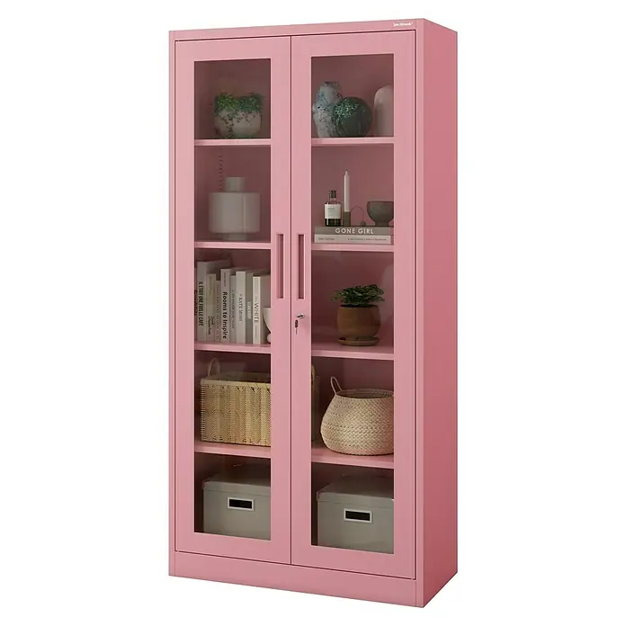 Jan Nowak Aktenschrank Amelia - B x T x H: 90 x 40 x 185 cm, Rosa - Rosa Vitrinenschrank mit Glasfronten und Regalen zur Aufbewahrung und Präsentation von Gegenständen.