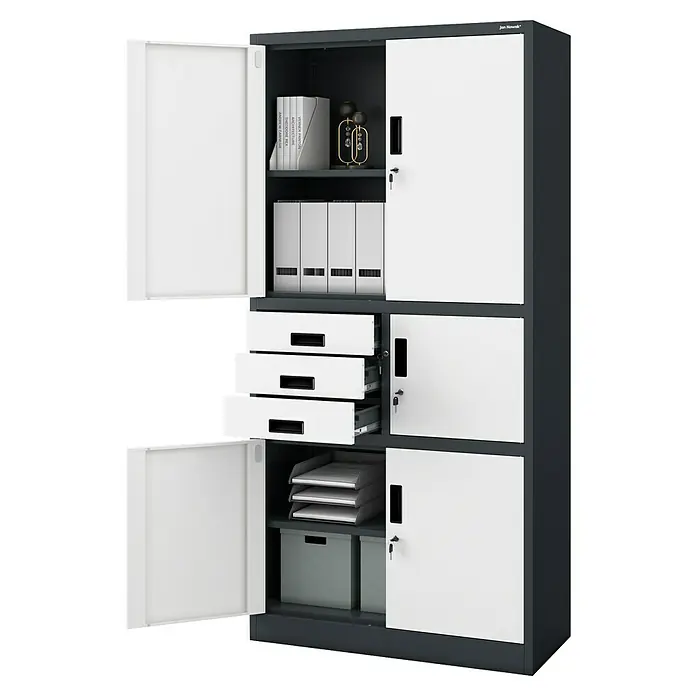Jan Nowak Aktenschrank Filip II - B x T x H: 90 x 40 x 185 cm, Anthrazit/Weiß - Büroschrank in Grau und Weiß mit offenen und geschlossenen Fächern, ideal für die Organisation von Büromaterialien.