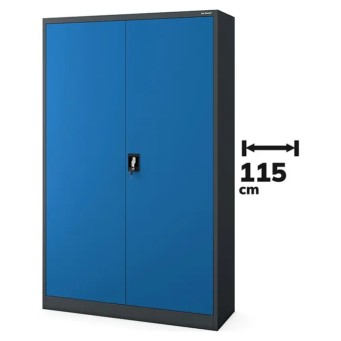 Jan Nowak Aktenschrank Jan II - B x T x H: 115 x 40 x 185 cm, Anthrazit/Blau - Ein blauer Stahlschrank mit zwei Türen und schwarzem Rahmen, ideal für Büro oder Werkstatt. Die Breite beträgt 115 cm.