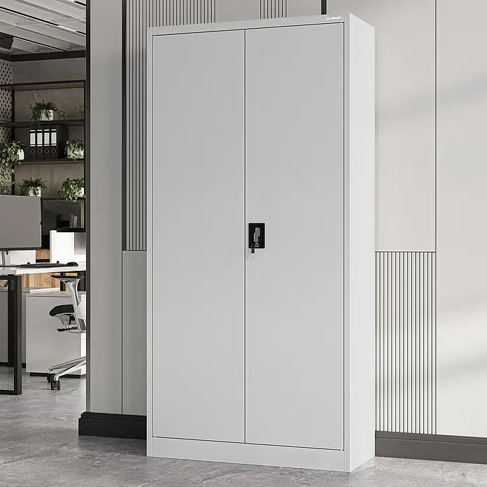 Jan Nowak Aktenschrank Jan - B x T x H: 90 x 40 x 185 cm, Grau - Aufnahme eines grauen Aktenschranks mit zwei Türen und einem Schloss in einem Büro, der Stauraum bietet.
