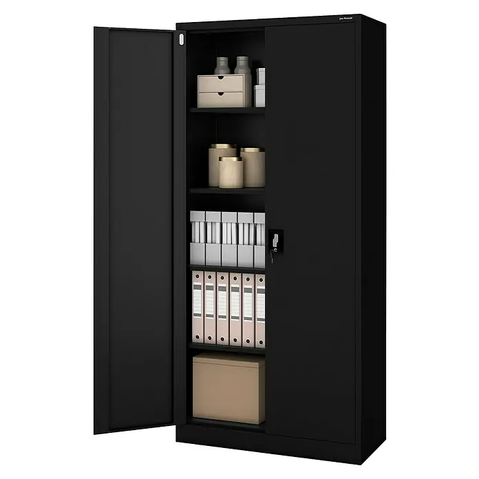 Jan Nowak Aktenschrank Jan - B x T x H: 90 x 40 x 195 cm, Schwarz - Ein schwarzer Büroschrank mit geöffneten Türen, der mit Ordnern, Kartons und anderen Büroartikeln gefüllt ist.