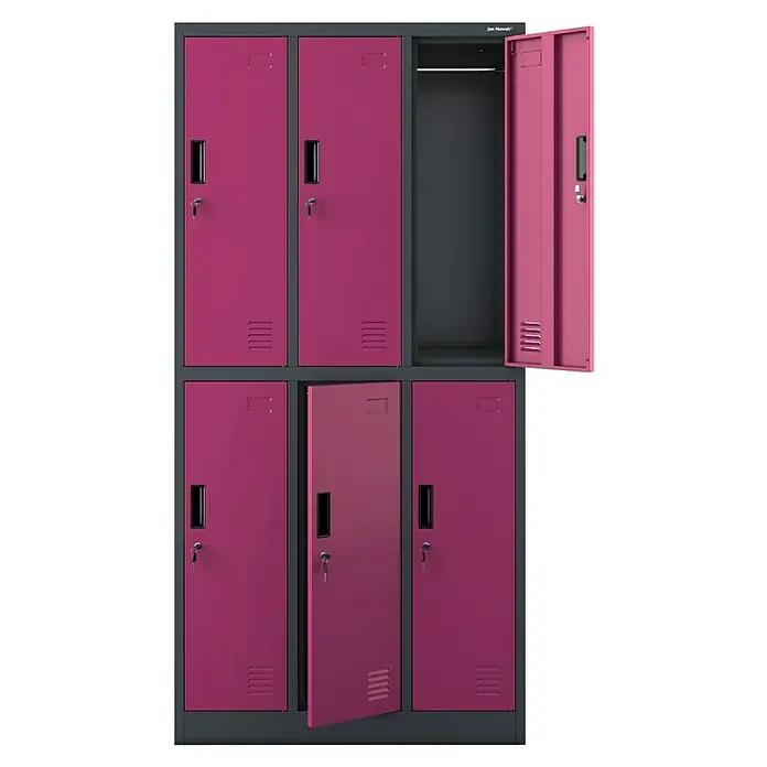 Jan Nowak Schließfachschrank Igor - H x B x T: 185 x 90 x 45 cm, Anzahl Fächer: 6 Stk., Anthrazit/Fuschie - Schrank mit sechs Fächern in leuchtendem Pink mit geöffneten Türen, ideal für die sichere Aufbewahrung von Gegenständen.