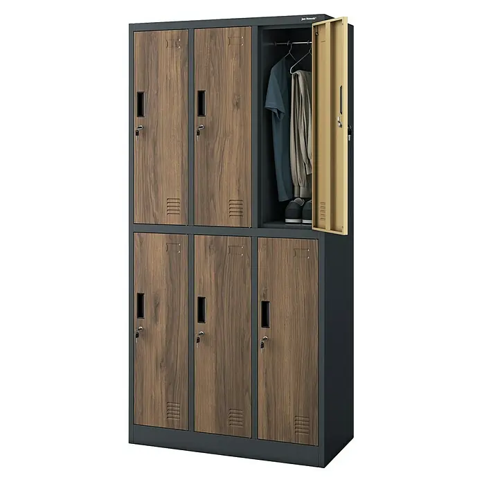 Jan Nowak Schließfachschrank Igor - H x B x T: 185 x 90 x 45 cm, Anzahl Fächer: 6 Stk., Anthrazit/Nussbaum - Metallschrank mit Holztüren, sechs Fächern und Schlüsseln für sichere Aufbewahrung von Kleidung und persönlichen Gegenständen.