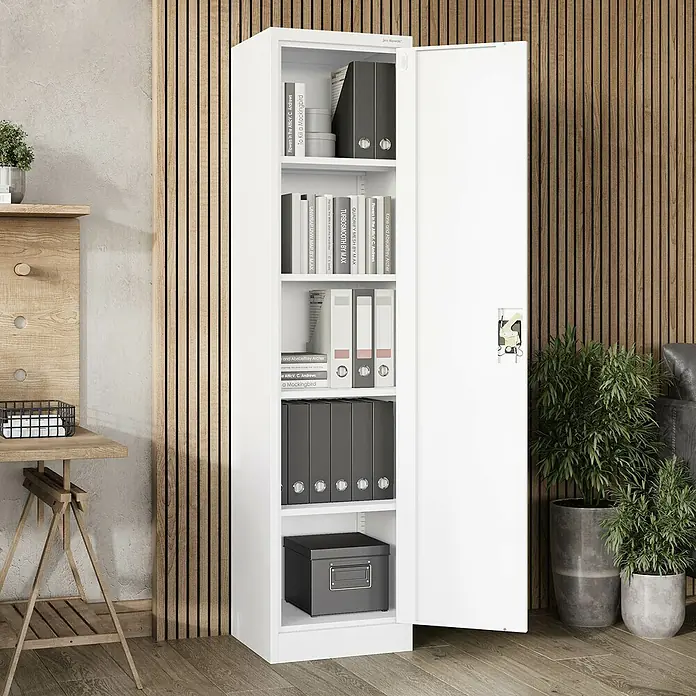 Jan Nowak Aktenschrank Alex - B x T x H: 45 x 40 x 185 cm, Weiß - Ein weißer Aktenschrank mit geöffneter Tür, gefüllt mit Ordnern und Büchern, der Stauraum und Organisation bietet.