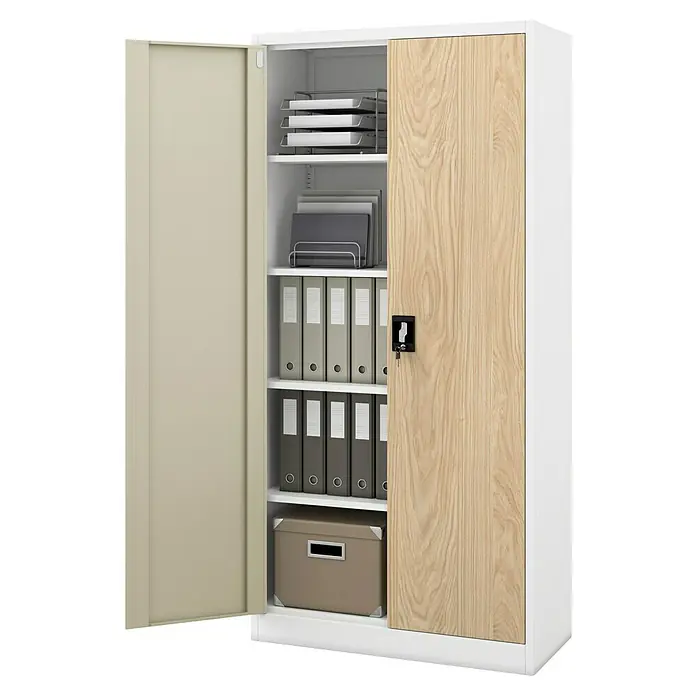 Jan Nowak Aktenschrank Jan - B x T x H: 90 x 40 x 185 cm, Weiß/Sonoma Eiche - Ein offener Büroschrank mit Fachböden und einer Tür mit Holzstruktur. Der Schrank bietet Stauraum für Ordner und Büromaterialien.