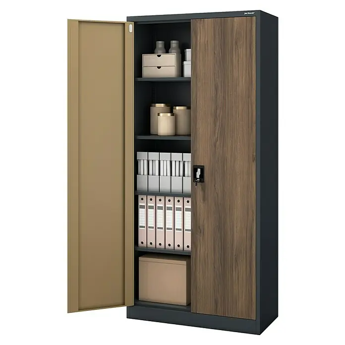Jan Nowak Aktenschrank Jan - B x T x H: 90 x 40 x 195 cm, Anthrazit/Nussbaum - Der Büroschrank mit zwei Türen und mehreren Regalen bietet viel Stauraum für Akten, Ordner und andere Büroartikel.