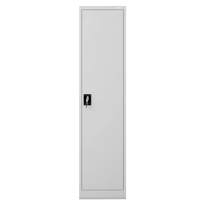 Jan Nowak Aktenschrank Alex - B x T x H: 45 x 40 x 185 cm, Grau - Ein grauer Metallschrank mit einem schwarzen Schloss und einem Schlüssel. Der Schrank ist schlicht und funktional gestaltet.