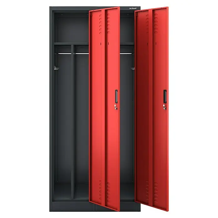 Jan Nowak Spind Kacper - H x B x T: 180 x 80 x 50 cm, Anthrazit/Rot, Anzahl Türen: 2 Stk., Anzahl Fächer: 4 Stk. - Robuster Stahlschrank mit roten Türen, ideal für Büro oder Schule. Bietet sichere Aufbewahrung und Ordnung.