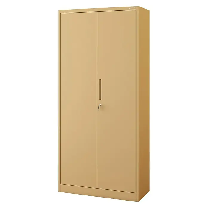 Jan Nowak Aktenschrank Jan - B x T x H: 90 x 40 x 195 cm, Beige - Ein beiger Metallschrank mit zwei Türen, einem eingebauten Griff und einem Schlüssel im Schloss. Ideal für Büro oder Werkstatt.