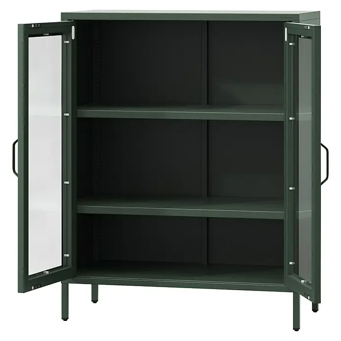 Jan Nowak Vitrine Gina - B x T x H: 80 x 40 x 101,5 cm, Flaschengrün - Ein grüner Metallschrank mit Glastüren und drei Regalböden. Ideal für Büro oder Werkstatt.