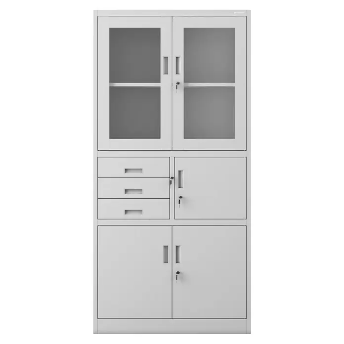 Jan Nowak Aktenschrank Filip - B x T x H: 90 x 40 x 185 cm, Grau - Ein grauer Metallschrank mit Glastüren, Schubladen und abschließbaren Fächern, ideal für Büro oder Lagerung.