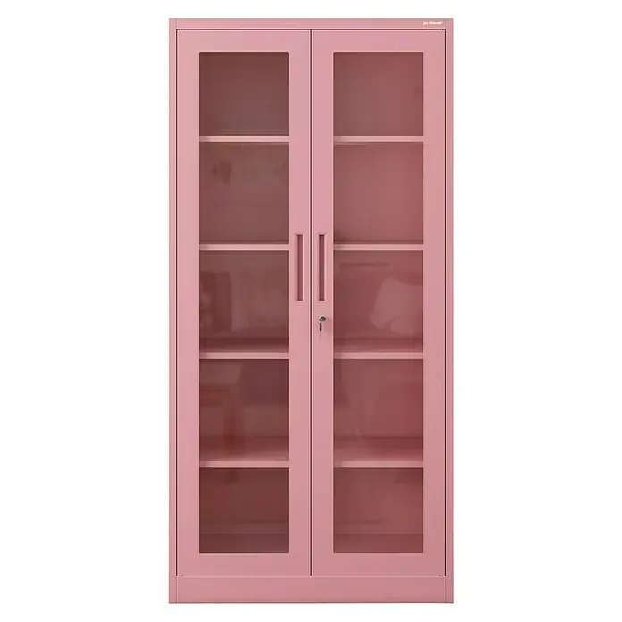 Jan Nowak Aktenschrank Amelia - B x T x H: 90 x 40 x 185 cm, Rosa - Ein rosa Bücherschrank mit Glastüren und mehreren Regalen, ideal für Büro oder Zuhause, bietet viel Stauraum und eine stilvolle Optik.