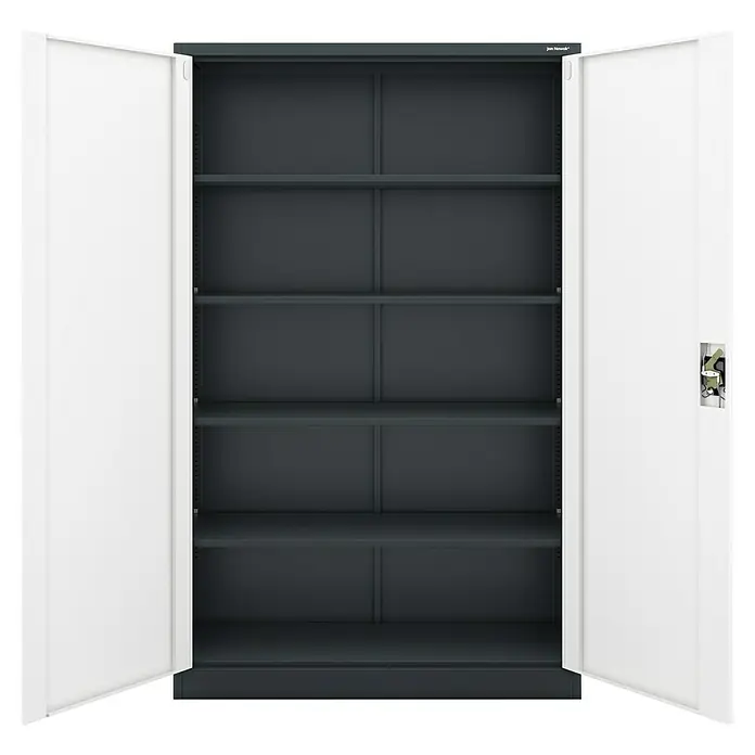 Jan Nowak Aktenschrank Jan II - B x T x H: 115 x 40 x 185 cm, Anthrazit/Weiß - Aufnahme eines offenen, leeren Büroschranks mit verstellbaren Regalen, ideal für die Organisation von Akten und Bürobedarf.