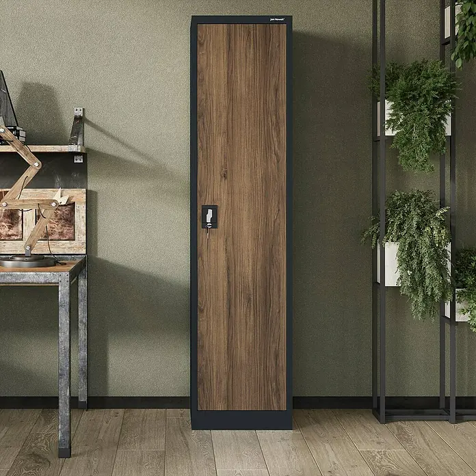 Jan Nowak Aktenschrank Alex - B x T x H: 45 x 40 x 185 cm, Anthrazit/ Nussbaum - Schmaler Holzschrank mit schwarzem Rahmen, ausgestattet mit einem Schloss und Schlüssel, ideal für Büro oder Zuhause.