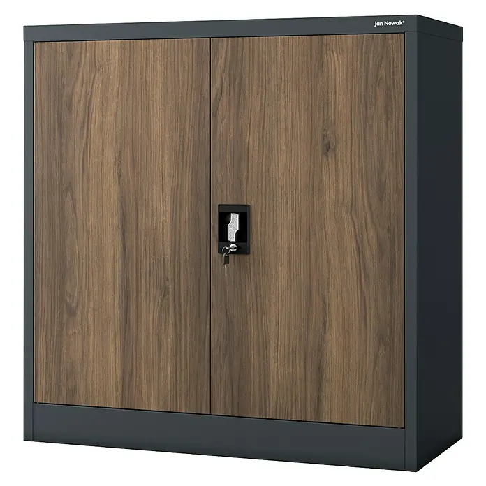 Jan Nowak Aktenschrank Beata - B x T x H: 90 x 40 x 92,5 cm, Anthrazit / Nussbaum - Abbildung eines abschließbaren Jan Nowak Büroschranks mit Holzstrukturfronten und einem stabilen anthrazitfarbenen Metallrahmen.