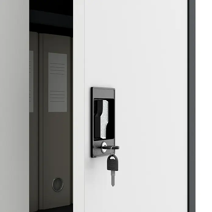 Jan Nowak Aktenschrank Beata - B x T x H: 90 x 40 x 92,5 cm, Anthrazit / Weiß - Ein abschließbarer Büroschrank in Weiß mit einem Schlüssel im Schloss. Praktische Aufbewahrung für Dokumente und Büromaterialien.