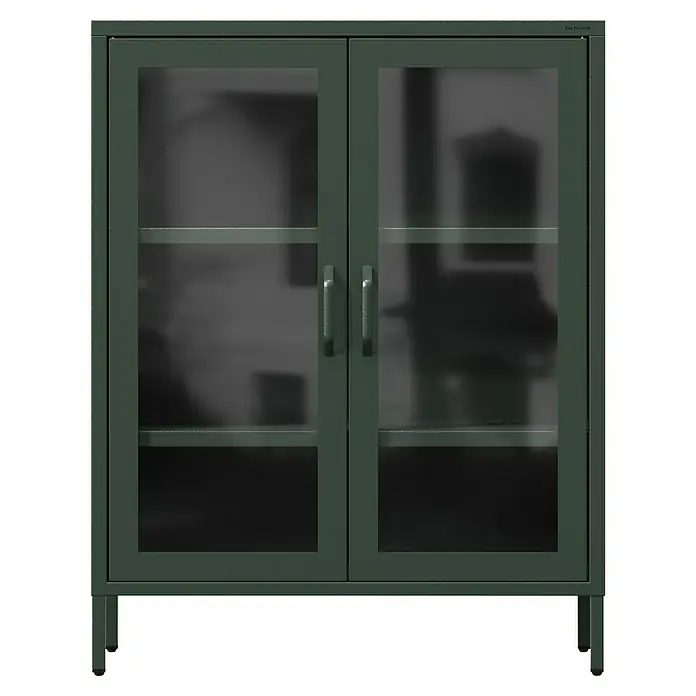 Jan Nowak Vitrine Gina - B x T x H: 80 x 40 x 101,5 cm, Flaschengrün - Elegantes grünes Sideboard mit Glastüren und zwei Ablagefächern. Das schlichte Design macht es zu einem vielseitigen Möbelstück.