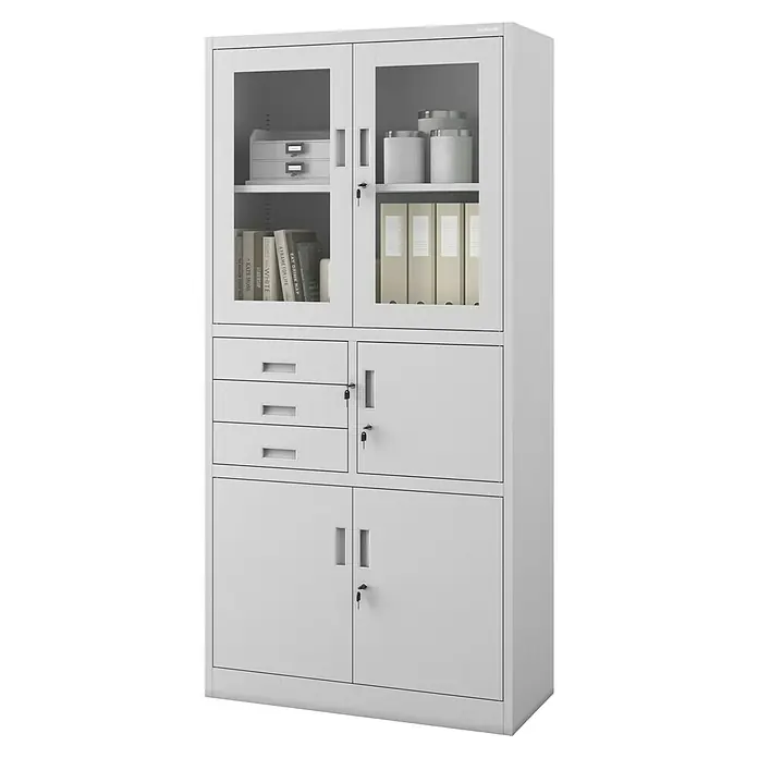Jan Nowak Aktenschrank Filip - B x T x H: 90 x 40 x 185 cm, Grau - Hier ist ein abschließbarer Büroschrank mit Glasvitrine, Schubladen und Fächern, ideal für die Organisation von Büromaterial.