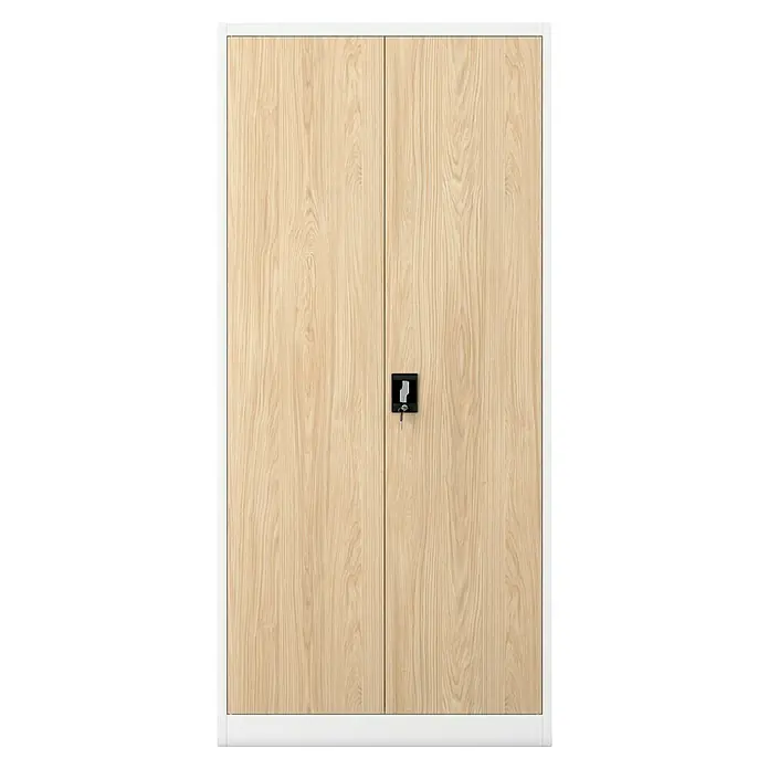 Jan Nowak Aktenschrank Jan - B x T x H: 90 x 40 x 195 cm, Weiß/Sonoma Eiche - Ein zweitüriger Büroschrank aus Holz mit einem weißen Rahmen und einem Schloss mit Schlüssel. Der Schrank bietet Stauraum im Büro.