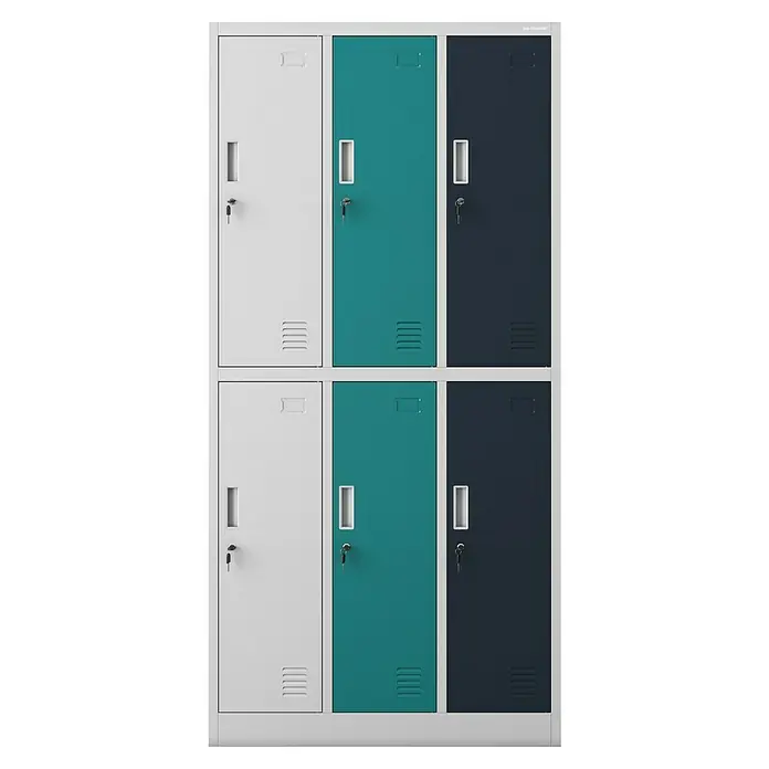 Jan Nowak Schließfachschrank Igor - H x B x T: 185 x 90 x 45 cm, Anzahl Fächer: 6 Stk., Grau/Vielfarbig - Ein Schrank mit sechs Fächern in Weiß, Türkis und Dunkelblau. Der Schrank hat einen hellgrauen Rahmen, Belüftungsschlitze und abschließbare Türen.