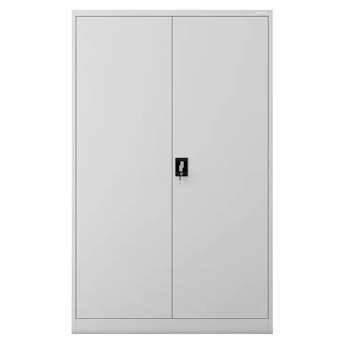 Jan Nowak Aktenschrank Jan II - B x T x H: 115 x 40 x 185 cm, Grau - Ein Büroschrank aus Metall mit zwei Türen und einem Schloss in der Mitte. Optimal für Bürobedarf.