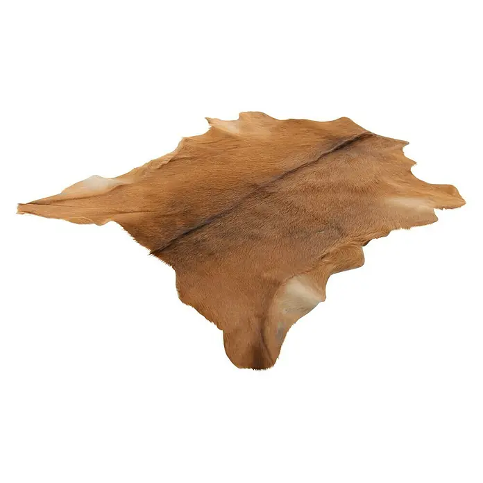 Esbeco Ziegenfell - Natur, 100 % Echtfell, 70 x 55 cm - Ein beigefarbener Kuhfellteppich mit unregelmäßiger Form auf schwarzem Hintergrund. Er ist weich und luxuriös.