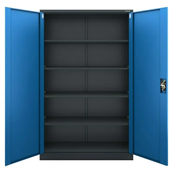 Jan Nowak Aktenschrank Jan II - B x T x H: 115 x 40 x 185 cm, Anthrazit/Blau - Blauschwarzer Stahlschrank mit offenen Türen und fünf Regalen.