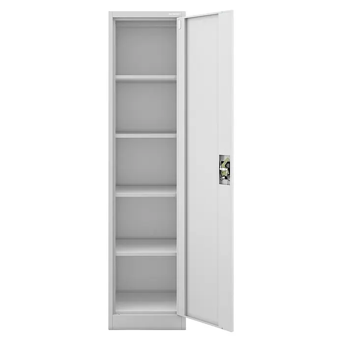 Jan Nowak Aktenschrank Alex - B x T x H: 45 x 40 x 185 cm, Grau - Aufnahme eines weißen Metallschranks mit offenen Regalen und einer teilweise geöffneten Tür.