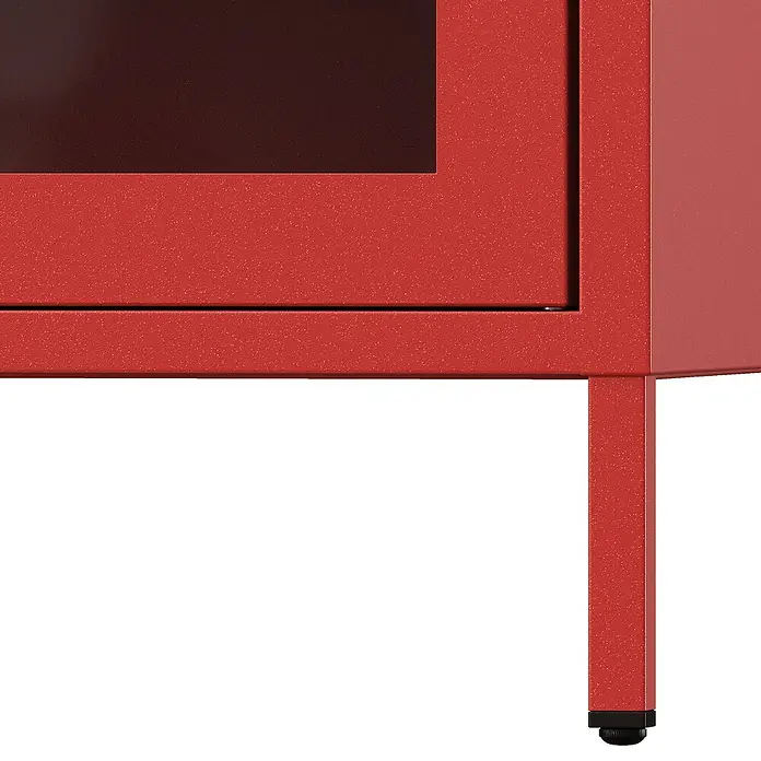 Jan Nowak Vitrine Gina - B x T x H: 80 x 40 x 101,5 cm, Rot - Nahaufnahme eines roten Schranks mit einem matten Finish und einem schwarzen Detail an der Unterseite des Beins.