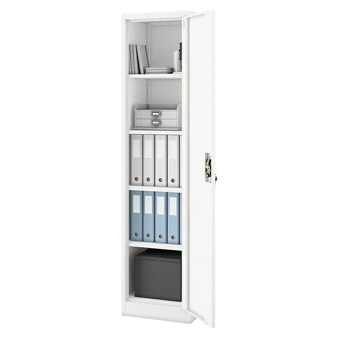 Jan Nowak Aktenschrank Alex - B x T x H: 45 x 40 x 185 cm, Weiß - Aufnahme eines weißen Metallschranks mit Büchern, Ordnern und einer Aufbewahrungsbox. Perfekt für die Büroorganisation mit viel Stauraum.